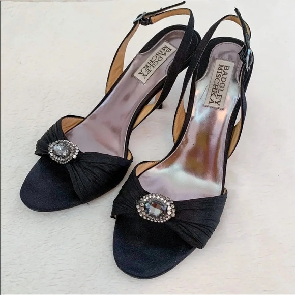 Badgley Mischka Black Jeweled Open Toe Formal Slingback Sandals - Picture 1 of 8